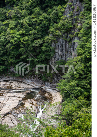 The rock face of Dangyo Gorge, surrounded by a deep forest. 141820967