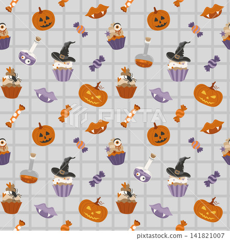 Halloween seamless background with trick-or-treat sweet, ghost, cupcakes, vampire lips and Jack-o-lantern pumpkin for packaging Halloween seamless background with trick-or-treat sweet, ghost, cupcakes, vampire lips and Jack-o-lantern pumpkin for packaging 141821007