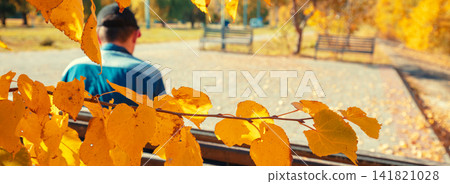 Autumn in the park. Man sitting on the bench in the park. Focus on the branch with yellow leaves Autumn in the park. Man sitting on the bench in the park. Focus on the branch with yellow leaves 141821028