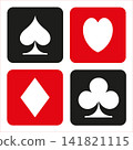 Spades, hearts, diamonds, or clubs, in red and black. 141821115