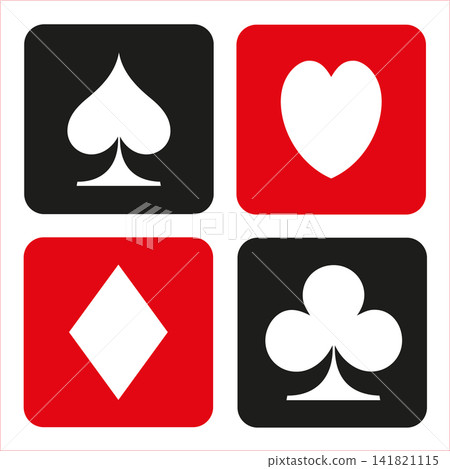 Spades, hearts, diamonds, or clubs, in red and black. 141821115