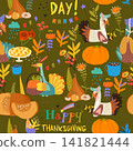 Seamless Pattern Composed of Funny Turkeys and Harvest 141821444