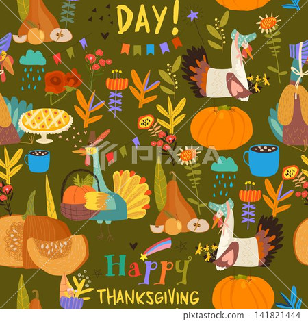 Seamless Pattern Composed of Funny Turkeys and Harvest Seamless Pattern Composed of Funny Turkeys and Harvest 141821444