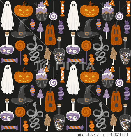 Halloween seamless pattern with trick-or-treat sweet, ghost, cupcakes, potion, witch hat and Jack-o-lantern pumpkin for packaging Halloween seamless pattern with trick-or-treat sweet, ghost, cupcakes, potion, witch hat and Jack-o-lantern pumpkin for packaging 141821513