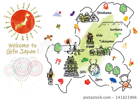 岐阜縣旅遊景點和吉祥物地圖，配有可愛的手繪插圖。 141821966