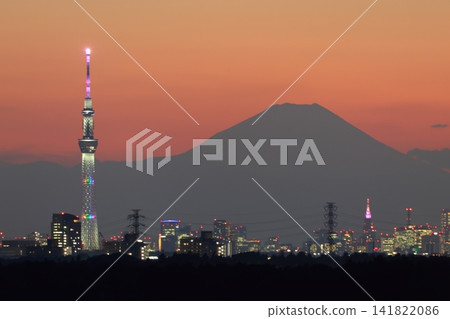 夕陽下的東京晴空塔和富士山 夕陽下的東京晴空塔和富士山 141822086