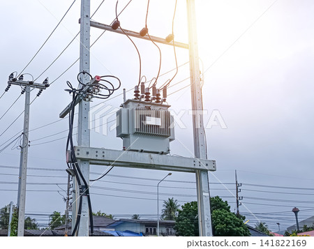 high-voltage power transformer on concrete pole 141822169
