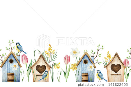 Wood cute birdhouse with daffodils flowers and muscari. Watercolor seamless border, banner, frame spring, easter hand drawn illustration isolated on background, transparent png. Botanical and wedding Wood cute birdhouse with daffodils flowers and muscari. Watercolor seamless border, banner, frame spring, easter hand drawn illustration isolated on background, transparent png. Botanical and wedding 141822403