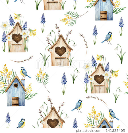 Birdhouse seamless pattern. Spring mimosa, muscari, daffodil flowers. Watercolor Eurasian blue tit perche, easter illustration isolated on background, transparent png. Vintage clip art. For greeting c Birdhouse seamless pattern. Spring mimosa, muscari, daffodil flowers. Watercolor Eurasian blue tit perche, easter illustration isolated on background, transparent png. Vintage clip art. For greeting c 141822405