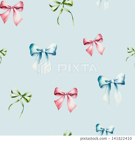 Seamless pattern with bows, long ribbons. Watercolor spring accessory of little girl. Hand drawn illustration isolated on background, transparent png. Botanical and wedding illustration. Baby shower Seamless pattern with bows, long ribbons. Watercolor spring accessory of little girl. Hand drawn illustration isolated on background, transparent png. Botanical and wedding illustration. Baby shower 141822410