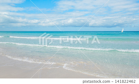 Calm ocean waves gently lap on the sandy shore under a bright blue sky Calm ocean waves gently lap on the sandy shore under a bright blue sky 141822462
