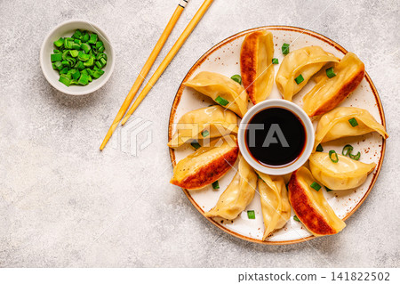 Dumplings served on a plate with green onions Dumplings served on a plate with green onions 141822502