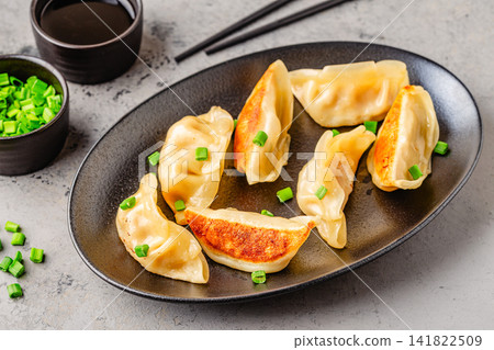 Dumplings served on a plate with green onions Dumplings served on a plate with green onions 141822509