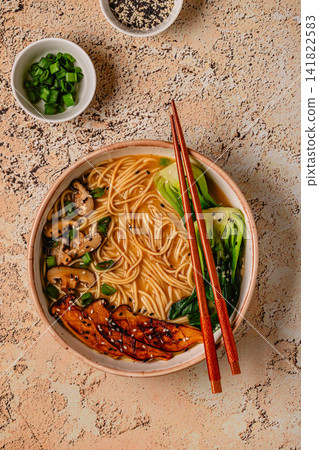 Vegan miso ramen noodle soup with eryngii and shiitake mushrooms, pak choi cabbage Vegan miso ramen noodle soup with eryngii and shiitake mushrooms, pak choi cabbage 141822583