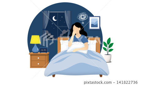 A stressed woman suffers from insomnia in her bedroom at night. The awake female character sits on bed, yawning or worrying with a scribble cloud above her head during mid night illustration A stressed woman suffers from insomnia in her bedroom at night. The awake female character sits on bed, yawning or worrying with a scribble cloud above her head during mid night illustration 141822736