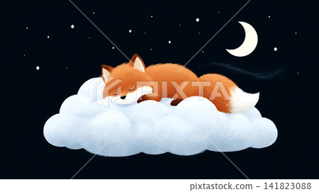 Cute fox sleeping peacefully on cloud under starry night sky Cute fox sleeping peacefully on cloud under starry night sky 141823088