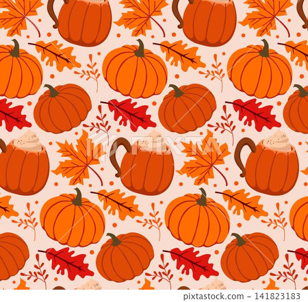 Autumn Thanksgiving seamless pattern vector, cute turkeys, pies, pumpkins, and fall leaves on black background Autumn Thanksgiving seamless pattern vector, cute turkeys, pies, pumpkins, and fall leaves on black background 141823183