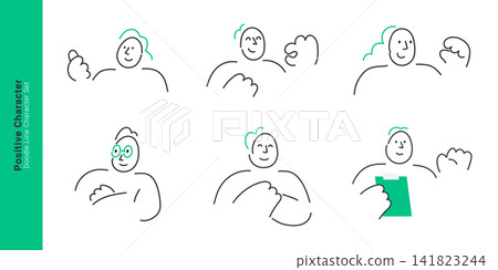 Positive character concept. Doodle line people show thumbs up, waving, crossed arms and confident smiling gestures. Positive character concept. Doodle line people show thumbs up, waving, crossed arms and confident smiling gestures. 141823244