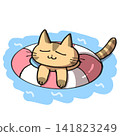 An illustration of a cat relaxing in a swimming pool. 141823249