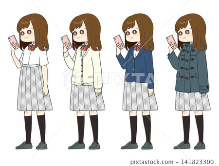一組照片,照片中一名身穿西裝外套的女孩正在操作智慧型手機。 一組照片,照片中一名身穿西裝外套的女孩正在操作智慧型手機。 141823300
