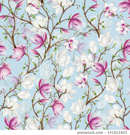 Magnolia white and pink flowers seamless pattern. Watercolor hand drawn spring lush blossom illustration isolated on background, transparent png. Botanical and wedding clip art. For greet Magnolia white and pink flowers seamless pattern. Watercolor hand drawn spring lush blossom illustration isolated on background, transparent png. Botanical and wedding clip art. For greet 141823403