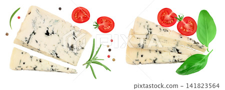 Blue cheese gorgonzola isolated on white background with full depth of field. Top view. Flat lay. Blue cheese gorgonzola isolated on white background with full depth of field. Top view. Flat lay. 141823564