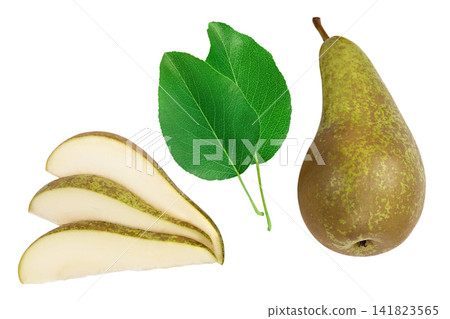 Green conference pear isolated on white background with full depth of field, Top view. Flat lay Green conference pear isolated on white background with full depth of field, Top view. Flat lay 141823565
