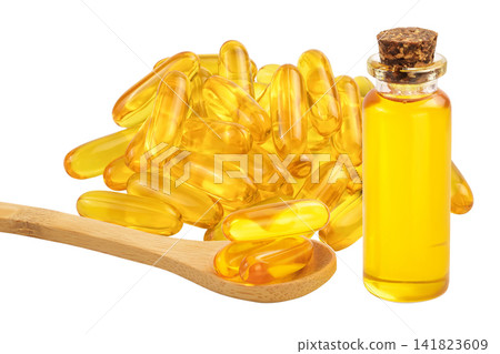 Fish oil in bottle isolated on white background with full depth of field Fish oil in bottle isolated on white background with full depth of field 141823609