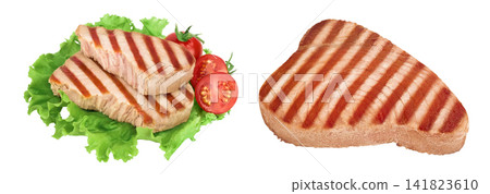 Tuna fish steak grilled isolated on white background with full depth of field Tuna fish steak grilled isolated on white background with full depth of field 141823610