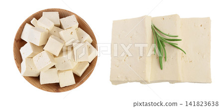 tofu cheese in wooden bowl isolated on white background with full depth of field, Top view. Flat lay tofu cheese in wooden bowl isolated on white background with full depth of field, Top view. Flat lay 141823638