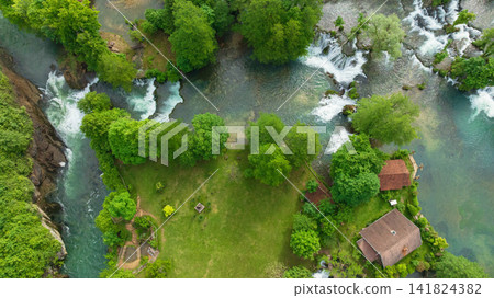 Rastoke Slunj Aerial View Waterfalls Historic Mill Village Croatia Rastoke Slunj Aerial View Waterfalls Historic Mill Village Croatia 141824382