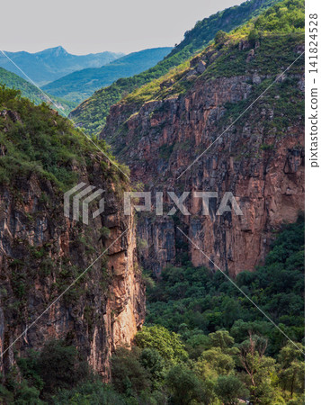 Rugged canyon walls with rich forest below Rugged canyon walls with rich forest below 141824528