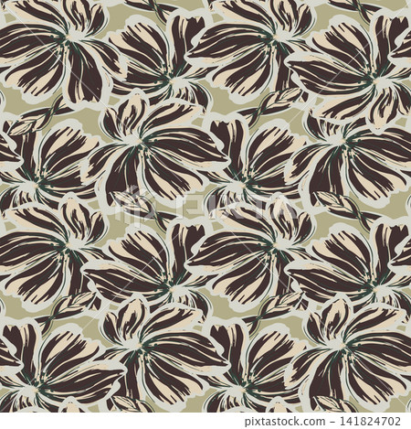 Abstract hand painted floral brush stroke seamless pattern on sage beige background. Neutral botanical print for fashion textiles and decor. 141824702