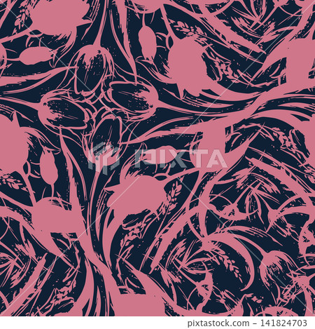 Abstract hand painted tulip brush stroke seamless pattern on dark navy background. Expressive floral print for fashion textiles and decor. 141824703