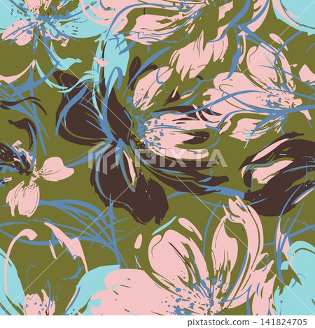 Abstract hand painted floral brush stroke seamless pattern on olive green background. Artistic botanical print for fashion textiles, wallpaper and decor 141824705