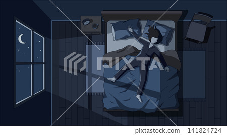 Woman Lying Awake in Bed at Night Top View Insomnia Sleep Deprivation Moonlight Room Illustration Woman Lying Awake in Bed at Night Top View Insomnia Sleep Deprivation Moonlight Room Illustration 141824724