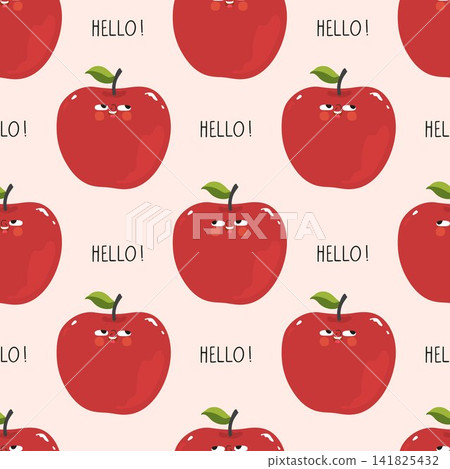 Red apple seamless pattern with hello text cute vector school design on soft pink background Red apple seamless pattern with hello text cute vector school design on soft pink background 141825432
