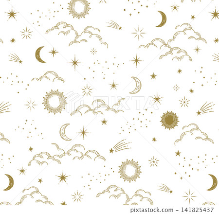時尚復古風格的天體圖案：太陽、月亮、雲朵、星星 - 無縫背景裝飾插圖。 141825437