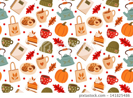 Cozy autumn seamless pattern vector, pumpkins, teapots, beanie hats, pie slices, cookies, tote bags, notebooks, and fall leaves on white background Cozy autumn seamless pattern vector, pumpkins, teapots, beanie hats, pie slices, cookies, tote bags, notebooks, and fall leaves on white background 141825486