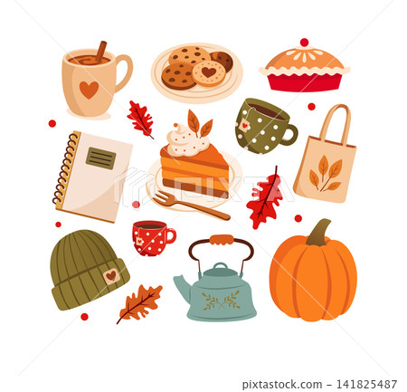 Autumn clipart set vector, cozy fall elements bundle, eco tote bag with autumn leaves and lettering, isolated graphic icons for Thanksgiving design Autumn clipart set vector, cozy fall elements bundle, eco tote bag with autumn leaves and lettering, isolated graphic icons for Thanksgiving design 141825487