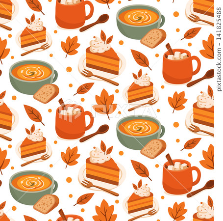 Cozy autumn seamless pattern vector, pumpkin soup bowls with bread, pie slices, hot cocoa mugs with marshmallows, and fall leaves on white background Cozy autumn seamless pattern vector, pumpkin soup bowls with bread, pie slices, hot cocoa mugs with marshmallows, and fall leaves on white background 141825488