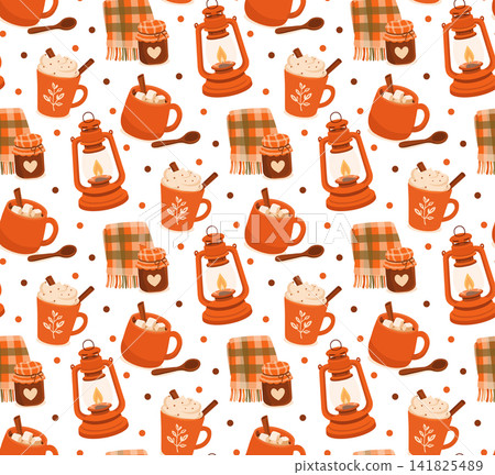 Cozy autumn seamless pattern vector, vintage kerosene lanterns, plaid scarves, jam jars, hot drink mugs with cinnamon, and wooden spoons background Cozy autumn seamless pattern vector, vintage kerosene lanterns, plaid scarves, jam jars, hot drink mugs with cinnamon, and wooden spoons background 141825489