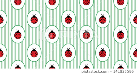 Ladybug on four leaf clover in oval with green stripes seamless pattern. Symbols of good luck in round frames on stripes backdrop. Ladybird on shamrock 141825596