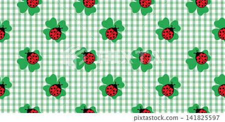 Seamless pattern with Ladybug on four leaf clover on Vichy plaid. Symbols of good luck on white backdrop. Ladybird on shamrock. St. Patrick s Day background 141825597