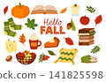 Cozy autumn set with text Hello Fall. Pumpkin, leaves, nuts, candles and other design elements for Thanksgiving. Hygge atmosphere. Hand drawn doodle illustration 141825598