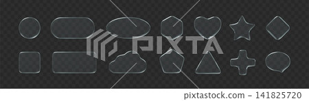 Liquid glass shape circle, rounded rectangle, oval, hexagon, heart, star, cloud, pentagon, triangle, plus and speech bubble on dark transparent background. Liquid glass shape circle, rounded rectangle, oval, hexagon, heart, star, cloud, pentagon, triangle, plus and speech bubble on dark transparent background. 141825720