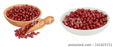 Red adzuki beans in wooden and ceramic bowl isolated on white background 141825731