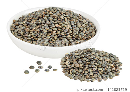 raw french green lentils in ceramic bowl isolated on white background with full depth of field raw french green lentils in ceramic bowl isolated on white background with full depth of field 141825739