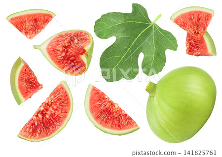 Ripe green fig fruit isolated on white background with full depth of field. Top view. Flat lay. Ripe green fig fruit isolated on white background with full depth of field. Top view. Flat lay. 141825761