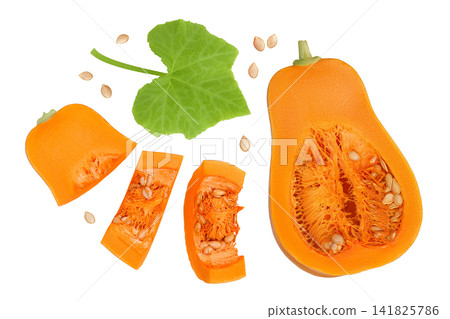 butternut squash slice isolated on white background with full depth of field. Top view. Flat lay butternut squash slice isolated on white background with full depth of field. Top view. Flat lay 141825786